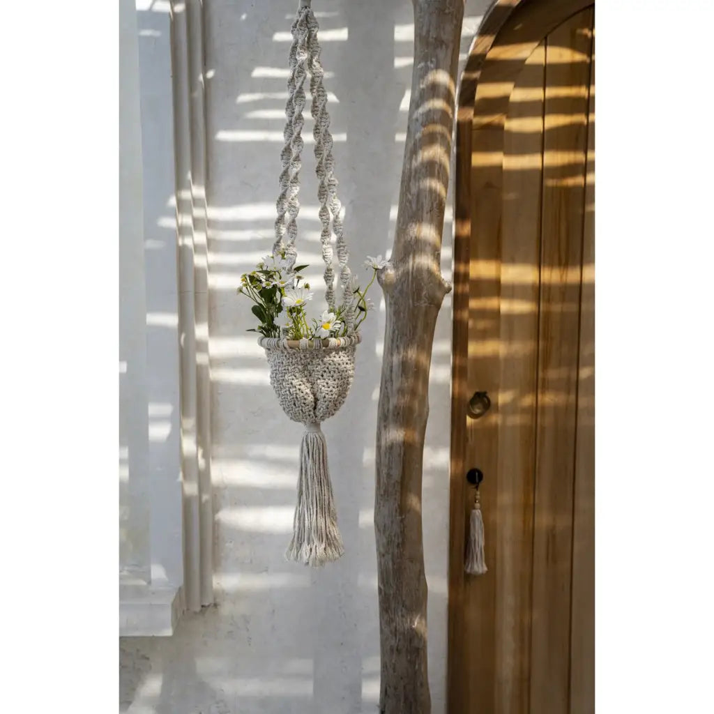 De Twisted Macrame Plantenhouder - Naturel Wit - M