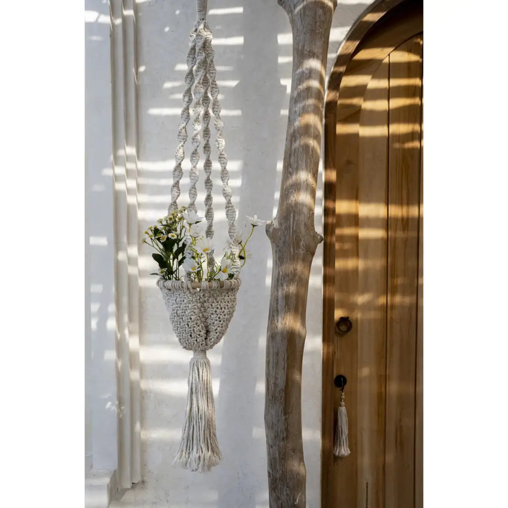 De Twisted Macrame Plantenhouder - Naturel Wit - S