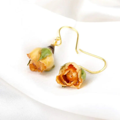 Echte mini rose oorbellen - saffraan geel - 925 sterling