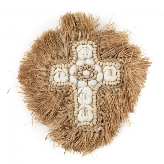 Het kruis van raffia schelp - natuurlijk wit - l