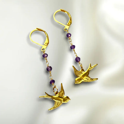 Madamlili amethist zwaluw gouden oorbellen. - sieraden