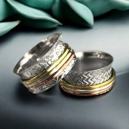 Madamlili bloemenmeditatiering met driekleurige band - 925