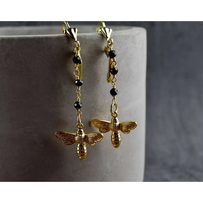 Madamlili gouden bijen oorbellen - edelsteen zwarte onyx